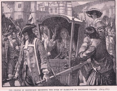 Edinburghin ihmiset saattamassa Hamiltonin herttua Holyroodin palatsiin 1706 jKr. tekijältä Mary L. Gow