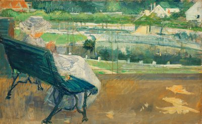 Lydia Istuu kuistilla, Virkkaa, n. 1881 tekijältä Mary Cassatt