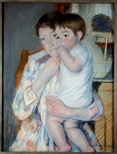 Nainen ja lapsi tabletin edessä, johon laitetaan hillo ja kulho. Mary Cassattin (1844-1926) maalaus Ec. Olen tekijältä Mary Stevenson Cassatt