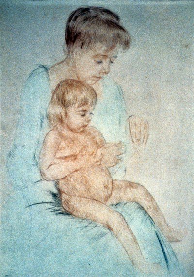 Mulher segurando pequena criança nua no colo enquanto cuidava de suas unhas, c1904. Pastel. Mary Cassatt (1844-1926) Pintora e gravadora americana que a partir de 1866 viveu principalmente na França. Doméstica Mãe Infantilfinlandês tekijältä Mary Stevenson Cassatt