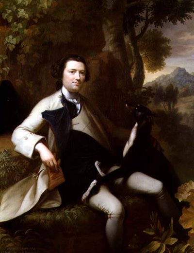 Francis Popham (k. 1780) istuu metsäisessä maisemassa vinttikoiransa kanssa (öljy kankaalle) tekijältä Mason Chamberlain