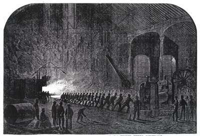 Prosessi panssarilevyjen pyörittämiseksi Hänen Majesteettinsa laivoille Alas Steelworksissa, Sheffieldissä, kuvitus "The Illustrated London Newsista", 14. syyskuuta 1861 tekijältä Mason Jackson