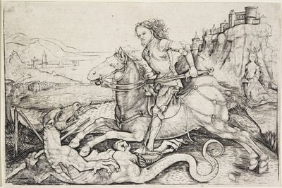 Pyhä Yrjö ja lohikäärme, n. 1480-1490 tekijältä Master A. G.