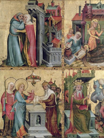 Pagpupulong sa Golden Gate at ang Presentasyon sa Templo, mula sa Buxtehude Altar, 1400-10 (tempera on panel)finn tekijältä Master Bertram of Minden