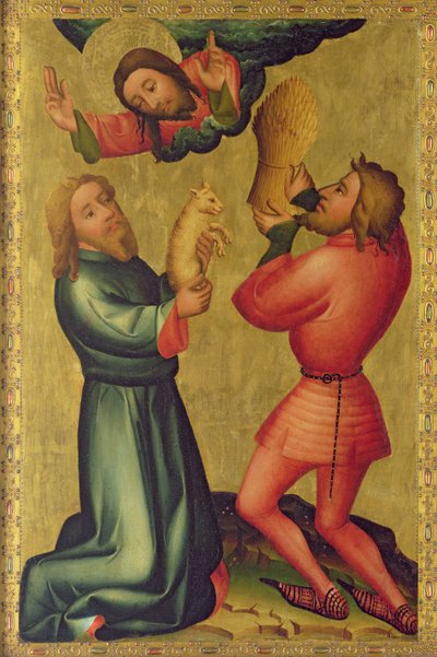 Kainin ja Abelin uhrit Pyhän Pietarin alttarilta Hampurissa, Grabowerin alttari, 1383 (tempera paneelissa) tekijältä Master Bertram of Minden