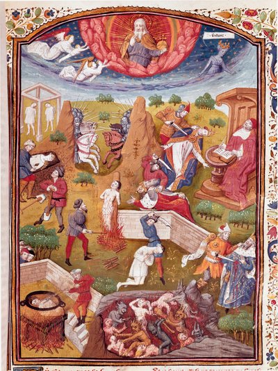 Visio Boccacesta: kidutuksen, hirttämisen, verilöylyn kohtaus Miniatyyri otettu julkaisusta "Jalomiesten ja -naisten onnettomuuksien tapaukset" (De casibus), italialainen kirjailija Giovanni Boccaccio dit Jean Boccace (1313-1375), kääntänyt Laurent de Prem tekijältä Master Dunois