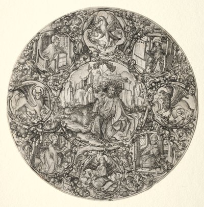 Pyhä Johannes Kastaja evankelistien ja latinalaisen kirkon neljän isän ympäröimänä, 1466. tekijältä Master E. S.