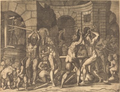Vulkaani ja kykloopit takoivat nuolia tekijältä Master FG, after Francesco Primaticcio