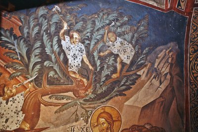 Kristuksen tulo Jerusalemiin. Yksityiskohta: Lapset leikkaamassa palmujen oksia, 1300-luku tekijältä Master Gerasime
