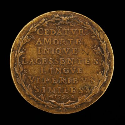 Kirjoitus laakeriseppeleessä [kääntöpuoli], 1555. tekijältä Master I.A.V.F.