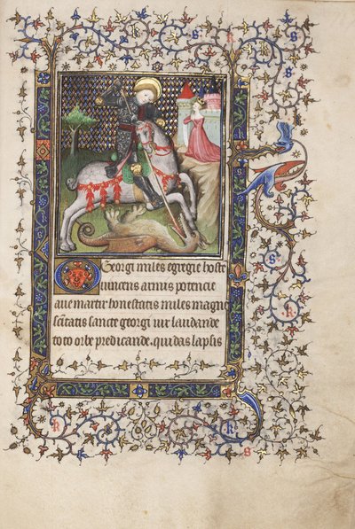 MS Widener 4 f.188r, St. George Fighting the Dragon, kirjasta Tuntikirja, Rennesin käyttö, n. 1405 (kynä & muste ja tempera perunakalvolla) tekijältä Master Lucon