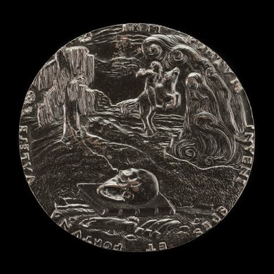 Kirja, pääkallo, luut ja ratsastaja maisemassa [käänteinen], 1526. tekijältä Master M.P.