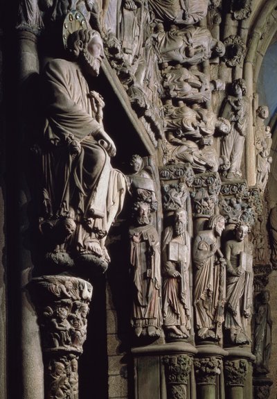Yksityiskohta Pyhää Jaakobia esittävästä Portico de la Gloriasta, 1200-luvun kivi. tekijältä Master Mateo
