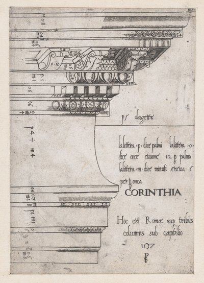 Roomalaisen loiston peili: Entablature Castorin ja Polluxin temppelistä, Rooma, 1537, 1537 tekijältä Master PS