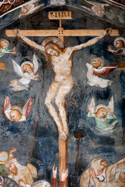 Kristusta edustava ristiinnaulitsemisen yksityiskohta kirjoituksella INRI tekijältä Master Trecentesco of Sacro Speco School