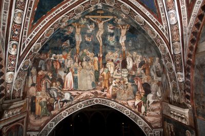 Sacro Specon mestarin ristiinnaulitsemisen fresko. 1300-luvulla. Ylempi kirkko. Pyhän Benedetton luostari (Sacro Speco), Subiaco (Rooma), Italia tekijältä Master Trecentesco of Sacro Speco School