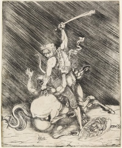 Hercules ja Cacus, n. 1505-1520 (kuivapiste-etsaus) tekijältä Master of 1515