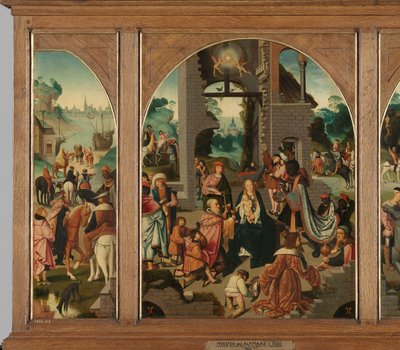 Triptyykki, jossa on tieteiden palvonta (keski- ja sisäsiipi), Saint Antony Abbot (vasen, ulkosiipi) ja Saint Adrian (oikea, ulkosiipi) tekijältä Master of Alkmaar (attributed to)