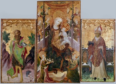 Neitsyt lapsen kanssa, pyhä Johannes Kastaja ja pyhä Ambroseus - alttaritaulu kolmella paneelilla, noin 1430 tekijältä Master of Burgo de Osma