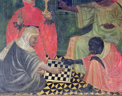 Shakkia pelaava mauri ja kristitty, SS Nicholas, Claire ja Anthony Abbot alttaritaulusta (tempera paneelissa) tekijältä Master of Castellitx