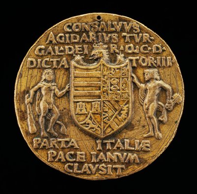 Herculesin ja Januksen tukema kilpi [käänteinen], n. 1503. tekijältä Master of Coriolanus