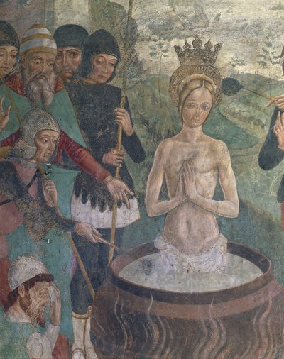 Italia, Piemonten alue, Alessandrian maakunta, Serralunga di Crea, Sacro Monte di Crea, Santa Maria Assuntan pyhäkkö, Pyhän Margaretan Antiokian kappeli, Pyhän Margaretan Antiokian kärsimys, yksityiskohta tekijältä Master of Crea