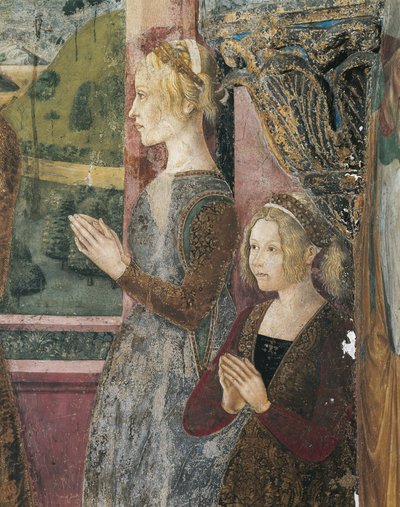 Italia, Piemonten alue, Alessandrian maakunta, Serralunga di Crea, Sacro Monte di Crea, Santa Maria Assuntan pyhäkkö, Antiokian Pyhän Margaretan kappeli, Paleologoa ja Bernarda di Bossea kuvaava fresko tekijältä Master of Crea