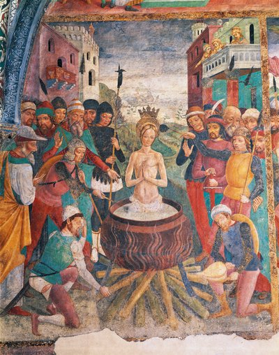 Italia, Piemonten alue, Alessandrian maakunta, Serralunga di Crea, Sacro Monte di Crea, Santa Maria Assuntan pyhäkkö, Pyhän Margaretan Antiokian kappeli, Pyhän Margaretan Antiokian kärsimys tekijältä Master of Crea