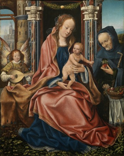 Pyhän perheen triptyykki musiikin tekemisen enkelien kanssa. Keskuspaneeli, noin 1510-1520 tekijältä Master of Frankfurt