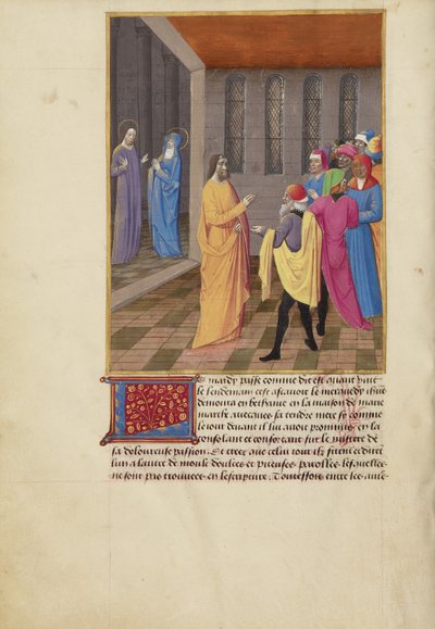 Juudas vehkeilee juutalaisten kanssa ja Kristus puhuu Neitsyt Mariaan. tekijältä Master of Guillaume Lambert