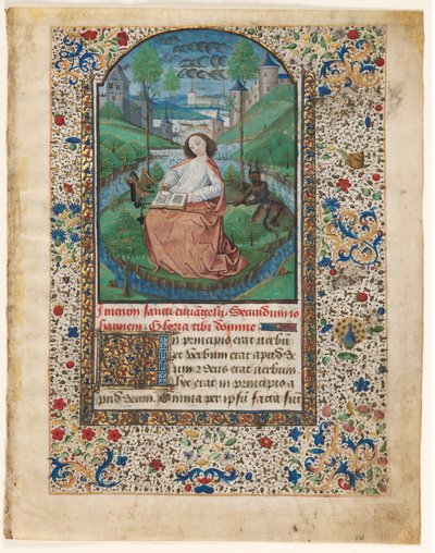 Lehti tuntikirjasta: John Patmoksella 1/2 leikattua lehteä, n. 1465. tekijältä Master of Jacques de Luxembourg
