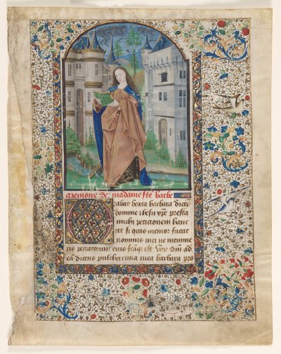 Lehti tuntikirjasta: St. Barbara (2/2 leikattua lehteä) tekijältä Master of Jacques de Luxembourg