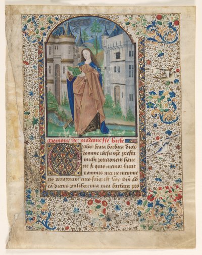 Lehti tuntikirjasta: St. Barbara 2/2 leikattua lehteä, n. 1465. tekijältä Master of Jacques de Luxembourg