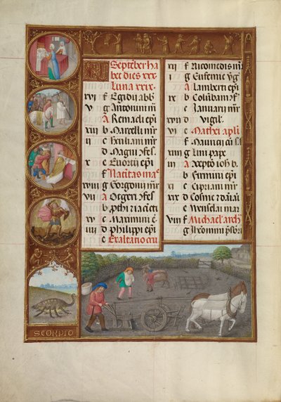 Syyskuun kalenterisivu; Kyntö ja kylvö; Skorpioni tekijältä Master of James IV of Scotland