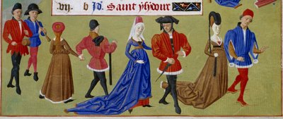 Toukokuu: Hoviherrat kävelevät. Yksityiskohta valaistusta käsikirjoitussivusta, joka on otettu Savoyn Adelaiden mestarin (1400-luku) ja Jean Rolinin mestarin (1400-luvulla) Burgundin herttuattaren tuntikirjasta. tekijältä Master of Jean Rolin II