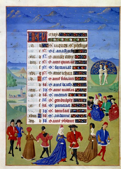 Toukokuu: Hoviherrat kävelevät. Valaistu käsikirjoitussivu, joka on otettu Savoyn Adelaiden mestarin (1400-luku) ja Jean Rolinin mestarin (1400-luvulla) Burgundin herttuattaren tuntikirjasta. tekijältä Master of Jean Rolin II