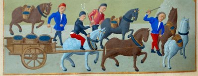 Rypäleen sato ja kuljetus Yksityiskohta valaistusta käsikirjoitussivusta, joka on otettu Savoyn Adelaiden mestarin (1400-luku) ja Jean Rolinin mestarin (1400-luvulla) Burgundin herttuattaren tuntikirjasta. tekijältä Master of Jean Rolin II