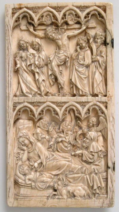 Diptyykin lehti ristiinnaulitsemisen ja syntymän kanssa, saksa, n. 1375-1400. tekijältä Master of Kremsmunster