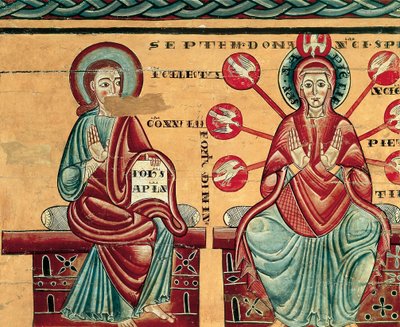 Maria vastaanottamassa Pyhän Hengen lahjoja, yksityiskohta (tempera puussa) tekijältä Master of Lluca