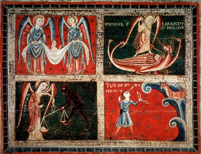 Arkkienkelit Rafael, Michel ja Gabriel (Arkkienkelit Mikael, Gabriel ja Rafael) Llussan mestarin maalaus (Llussan mestarin maalaus) 1220-1250 Santa Maria de Llucan luostarista, Espanjasta Barcelona Museu Nacional d