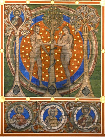 emä ja Eeva. Yksityiskohta Hildesheimin Pyhän Mikaelin kirkon maalatusta puukatosta n. 1230 tekijältä Master of Lower Saxony