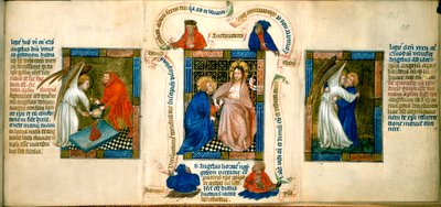 Kolme kohtausta, jotka kuvaavat "Kristus vakuuttaa Thomasin", "Gideomin uhri" ja "Jaakob painii enkelin kanssa", kuvitus teoksesta "Biblia Pauperum" tekijältä Master of Margaret of Cleves