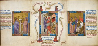 Kolme kohtausta, jotka kuvaavat "lento Egyptiin", "Mooses murtaa kultaisen vasikan" ja "Dagon putoaa arkin eteen", kuvitus "Biblia Pauperumista" tekijältä Master of Margaret of Cleves