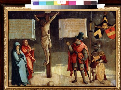 Ristiinnaulitseminen lahjoittajien kanssa. Ristiinnaulitseminen lahjoittajien kanssa. Messkirchin mestarin maalaus (noin 1500-1543). Öljy puulle. Saksan renessanssin taidetta. Kuvataidemuseo, Pushkin, Moskova tekijältä Master of Messkirch