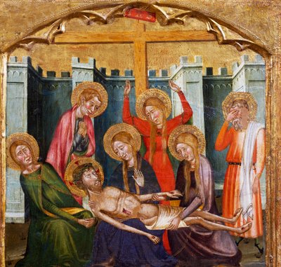 Laskeuma haudassa, Rubion mestari (1300-luku), Santa Marian kirkon alttaritaulun predella, Rubio, maalaus puulle. tekijältä Master of Rubió