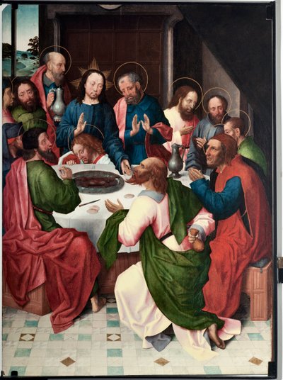 La cene (Viimeinen ehtoollinen) San Giovanni evangelistan (Saint John Evangelista) maalaus (1400-luvun loppu) Koko 120x90 cm Genes, Musei di Strada Nuova (ex Palazzo Bianco) inv n PB 156 tekijältä Master of Saint John Evangelist