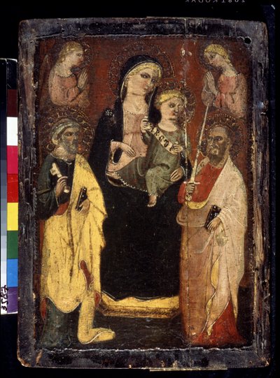 "Madonna ja lapsi valtaistui pyhien Pietarin ja Paavalin kanssa" (Madonna ja lapsi valtaistui pyhien Pietarin ja Paavalin kanssa) San Jacopon mestarin maalaus puulle Mucianossa (1400-luku) Pushkin-museo, Moskova tekijältä Master of San Jacopo a Mucciana