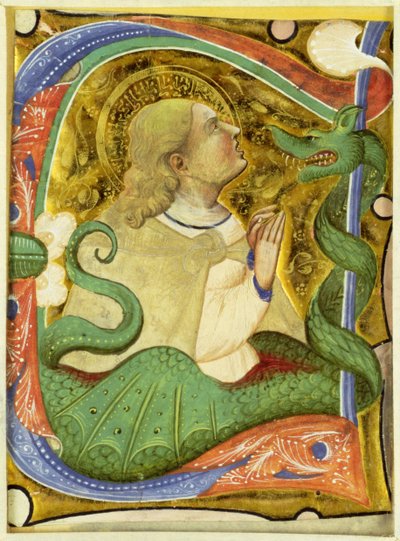 Historiallinen C-kirjain, joka kuvaa Pyhää Margaretaa. tekijältä Master of San Michele of Murano