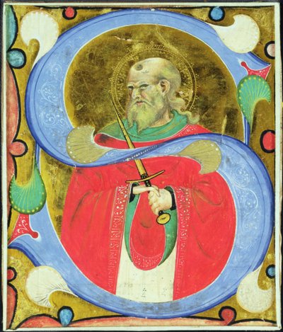 Historioitu alkukirjain "S", joka kuvaa St. Juliania tekijältä Master of San Michele of Murano
