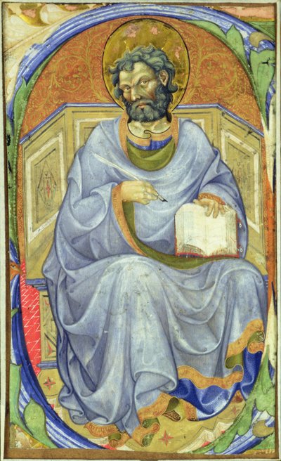 Historioitu alkukirjain "S", joka kuvaa istuvaa evankelistaa tekijältä Master of San Michele of Murano